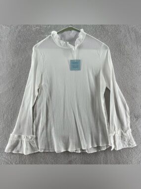 Hayden Los Angeles Women’s White Sheer Ruffled Neck Long Sleeve, Size L, NWT